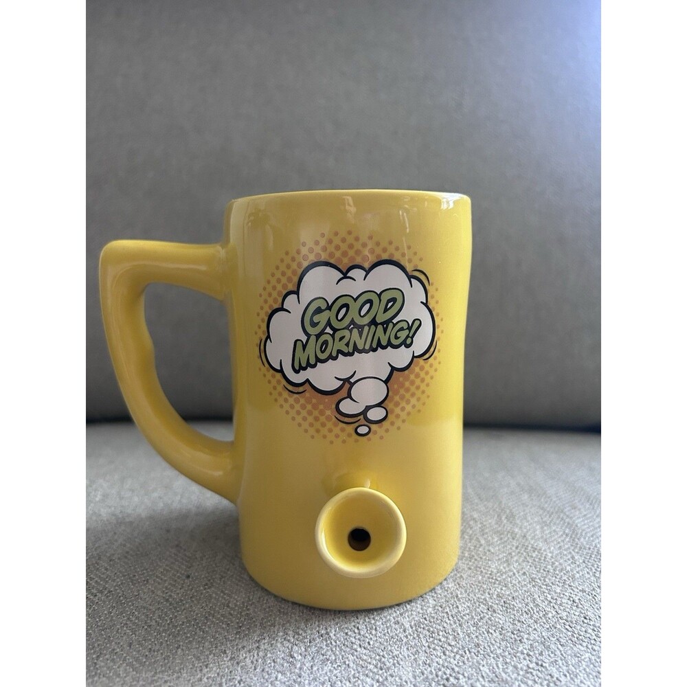 Good Morning Hand Pipe Coffee Mug Bowl Cup Smoke Gift Yellow Ceramic